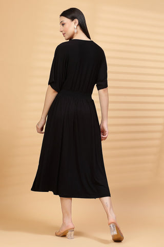 Black Solid Smocked Waist Zipless Feeding Dress