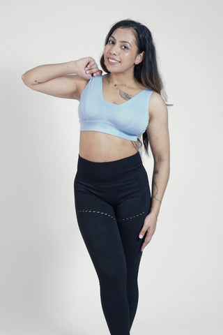 M-Blue Bra back; hook-and-eye closure and straps allow custom fitting for comfort.