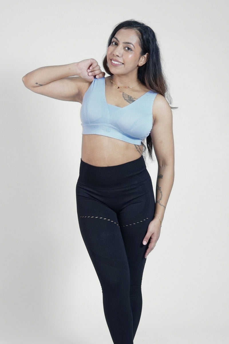 M-Blue Bra back; hook-and-eye closure and straps allow custom fitting for comfort.