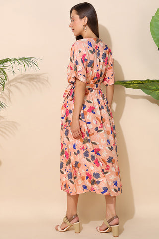 Peach All Over Printed Zipless Maternity Wrap Dress