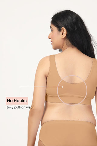 Skin Color Feeding Bra; scoop neck overlap allows one-handed movement for nursing.