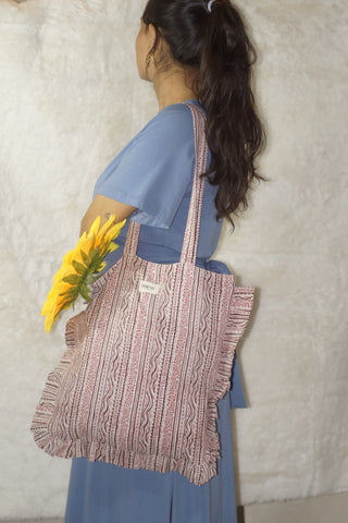 Handcrafted 100% Rayon Carry Bag with Ruffled Edges - Multi