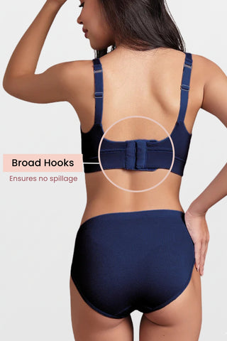 Navy Feeding Bra; one-hand clip opening allows simple and quick nursing access.