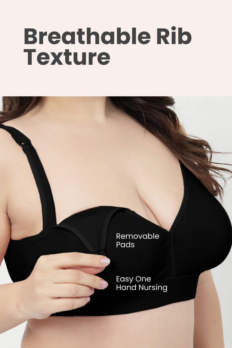 Lira Ribbed Cotton Nursing Padded Bra - Black