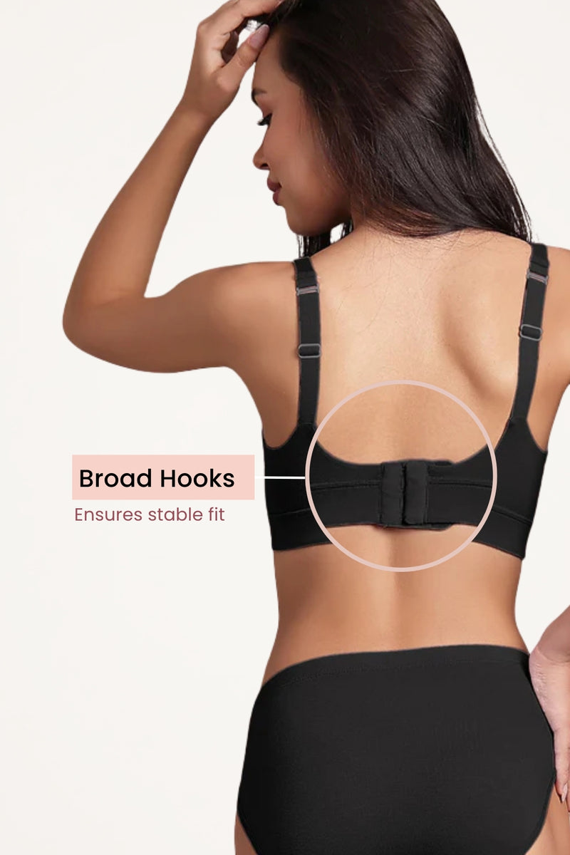 Back view of Black Bra; adjustable straps and hook-and-eye closure customize fit for shoulder pressure relief.