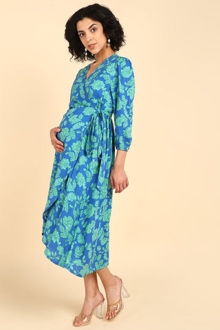 Tonal Floral Teal Wrap Zipless Rayon Maternity Dress