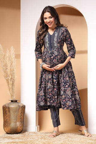 Midnight Bloom Maternity and Feeding Friendly  Tiered Dress.