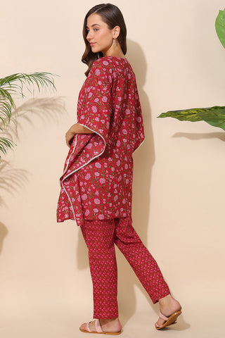 Red Floral Printed Maternity Kaftan Set (Top & Bottom)