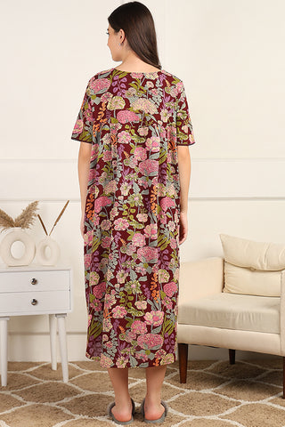 Maroon Floral Printed 100% Soft Cotton Zipless Maternity Maxi