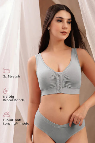 Silver Grey Ruched Bra; stretch material retains its elasticity after repeated washing.