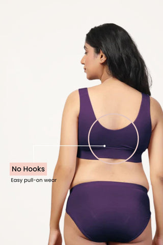 Plum Padded Bra detail; Modal elastane blend ensures retention of stretch and color.