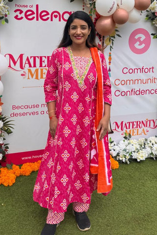 Rani Pink 100% Cotton Concealed Zip Feeding Maternity Kurta Set with Dupatta