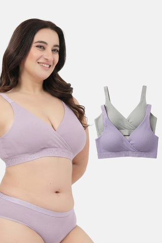 Zena Fine-Rib Bra Pack of 2 - (Lavender & Grey Melange)