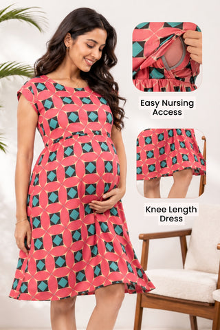 Red Geometric Print Maternity Zipless Feeding Dress