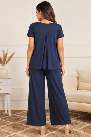 Zipless Top & Maternity Pajama Set in Navy, back view: back pleat top with wide-leg pajama, side pockets | House of Zelena