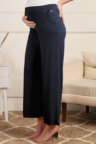 Zipless Top & Maternity Pajama Set in Navy, side view: over-bump waistband with buttoned pocket, elastic waistband | Zelena