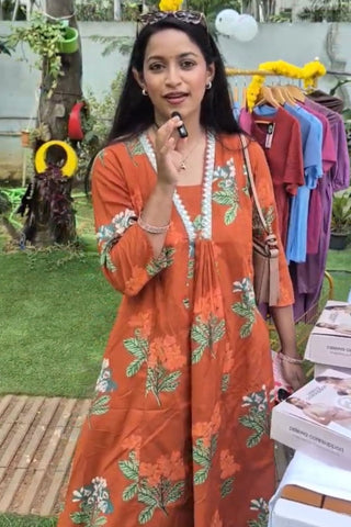 Embroidered Floral Print Cotton Maternity & Nursing Kurta Set - Rust Orange