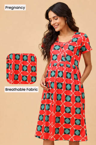 Red Printed Maternity Zipless Feeding Dress