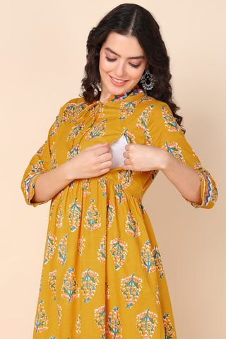 Yellow Chinese Collar Leaf Print Maternity Dresses with Pocket