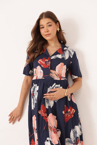Floral Printed Blue Zipless Feeding Dress