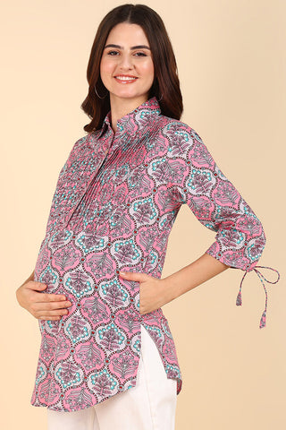Pink Floral Printed 100% Soft Cotton Zipless Maternity Top