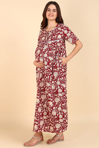 https://houseofzelena.com/products/maroon-floral-printed-100-soft-cotton-zipless-maternity-maxi