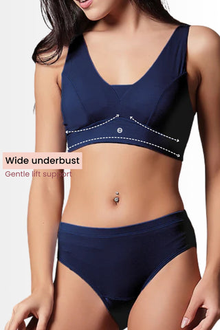 Navy Padded Bra detail; crafted in breathable modal fabric for skin comfort.