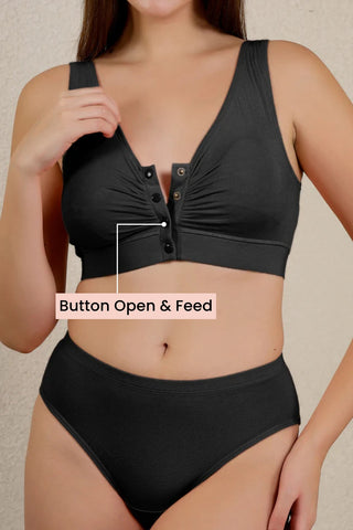 Black Nursing Bra material; fabric stretch recovers shape after multiple washes.