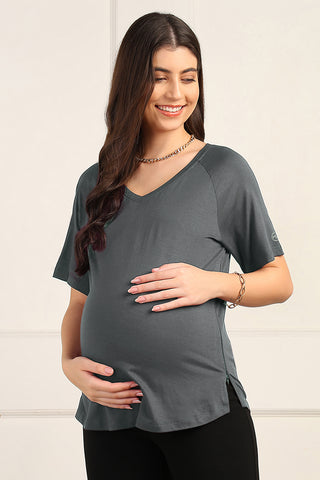 Charcoal Grey Maternity Nursing Top & Shorts Set