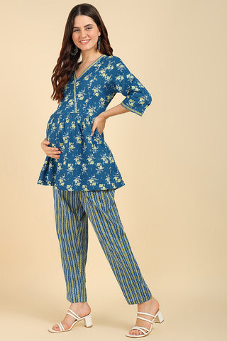 Blue Floral Printed Maternity Co-ord Set