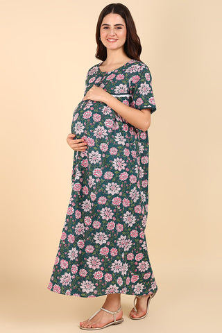 Green Floral Printed 100% Soft Cotton Zipless Maternity Maxi