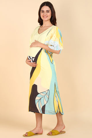 Yellow Printed Maternity Feeding Kaftan