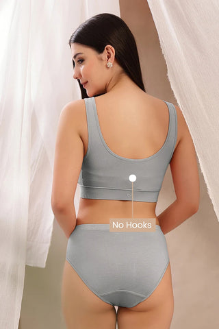 Silver Grey Ruched Bra; wire-free design eliminates the discomfort of digging wires.