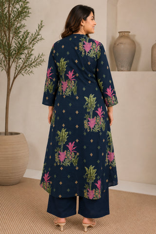Zipless Feeding Cotton Maternity Kurta-Pant Set - Navy Blue