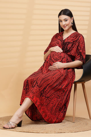 Red Paisley Print Maternity Feeding Dress