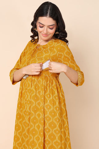 Mustard Yellow Maternity Dresses with Pocket and Tassel Neckline