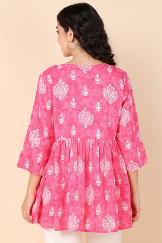 Rose Pink Printed Rayon Maternity Short Top with 3/4th Sleeves