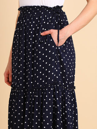 Midnight Blue Tiered Skirt; functional pockets increase practicality for mothers.