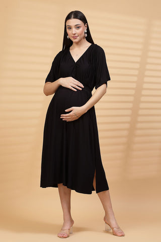 Black Solid Smocked Waist Zipless Feeding Dress