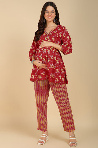 Red Floral Printed Maternity Co-ord Set with Zipless Feeding