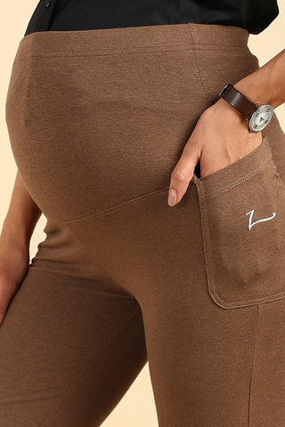 Fit & Flare Cotton Melange Brown Maternity Pants (Pregnancy & Postpartum)