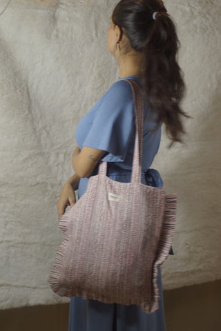 Handcrafted 100% Rayon Carry Bag with Ruffled Edges - Multi