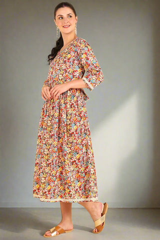 Full view of the Bloom Anarkali Kurti Cotton Kurti on a model, highlighting its A-line fit and length.