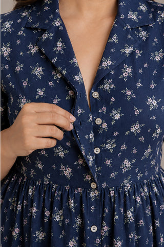 Floral Printed Zipless Feeding Dress - Dusty Blue