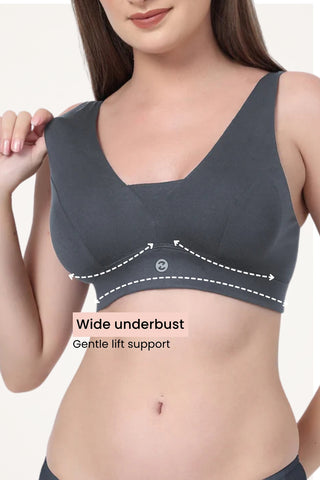 Steel Grey Bra detail; modal fabric is breathable and gentle on sensitive skin.