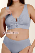 M-Blue Nursing Bra open; front closure mechanism allows full cup drop for access.