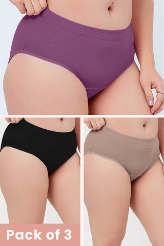 Sera Fine Rib Mid Rise Hipster Pack of 3 - (Skin, Purple, Black)