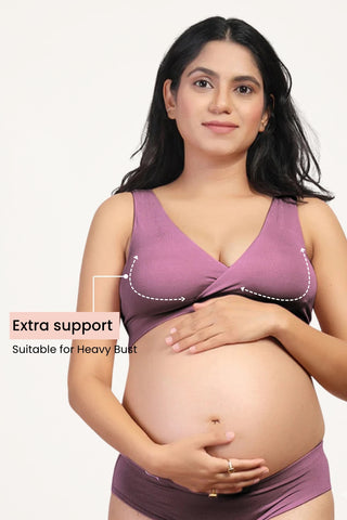 Lilac Maternity Bra; overlap cups open wide for full access to the breast.