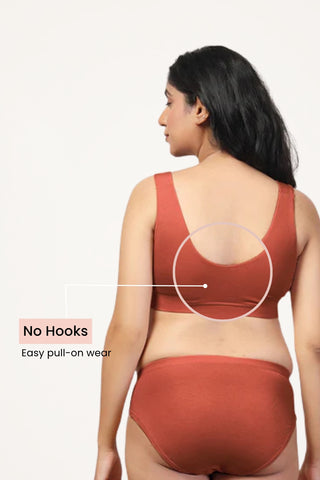 Rust Padded Bra detail; Modal blend retains shape integrity through wear and wash.