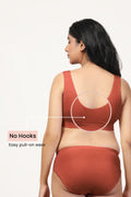 Rust Padded Bra detail; Modal blend retains shape integrity through wear and wash.